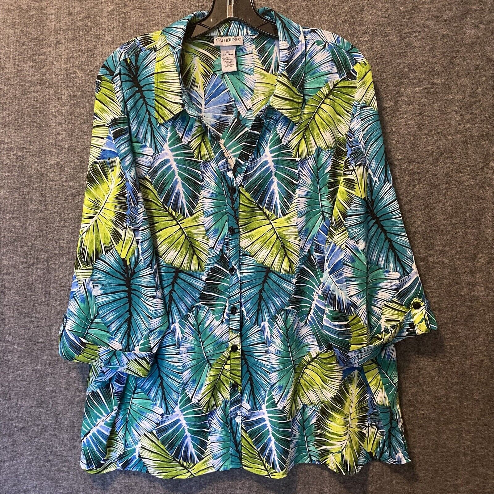 Catherines Top Womens Plus 2x 22/24w Green Yellow Button Roll Tab Shirt Blouse